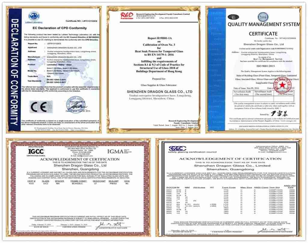 Shenzhen Dragon Gass certifications for tempered, lamianted, insulated glass