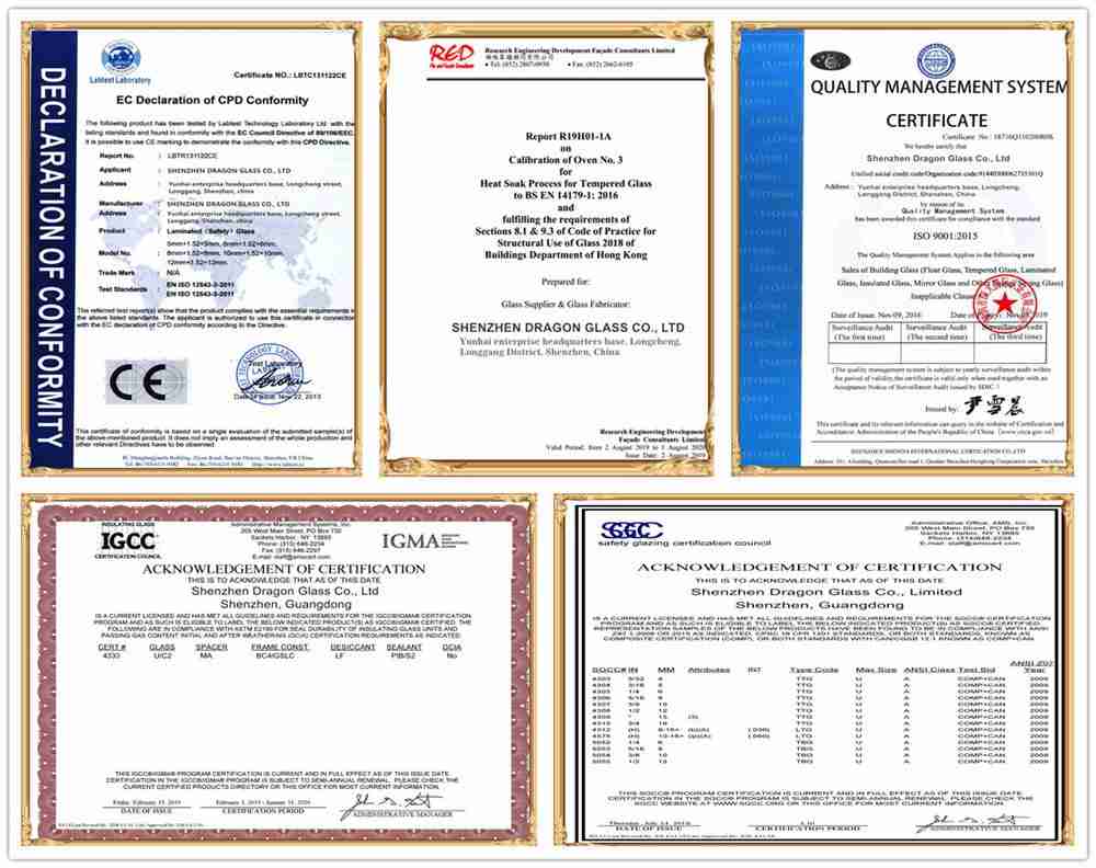 Certifications of Shenzhen Dragon Glass, price of toughened glass, toughened glass price.