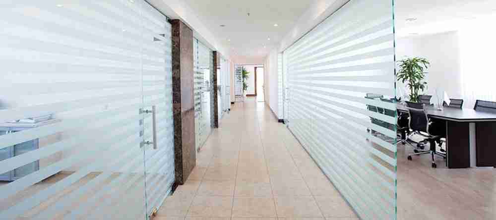 Sandblasted glass for partition walls