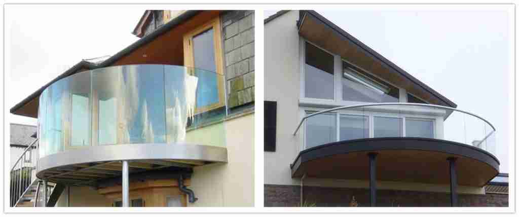 Curved laminated glass for railings.