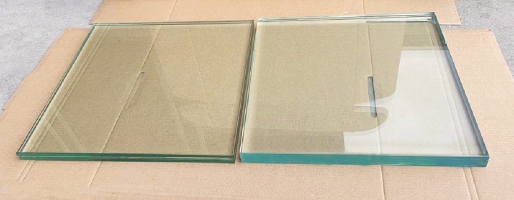 PVB double laminated glass color(left) VS SGP triple laminated glass color(right)