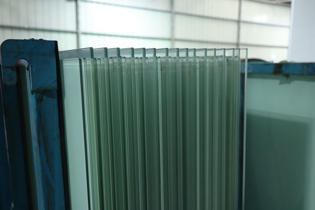 milky white triple laminated glass with overstep designs