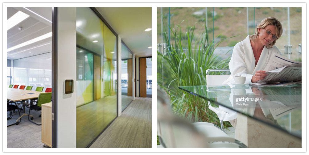 Internal glass parition with acoustic designs.